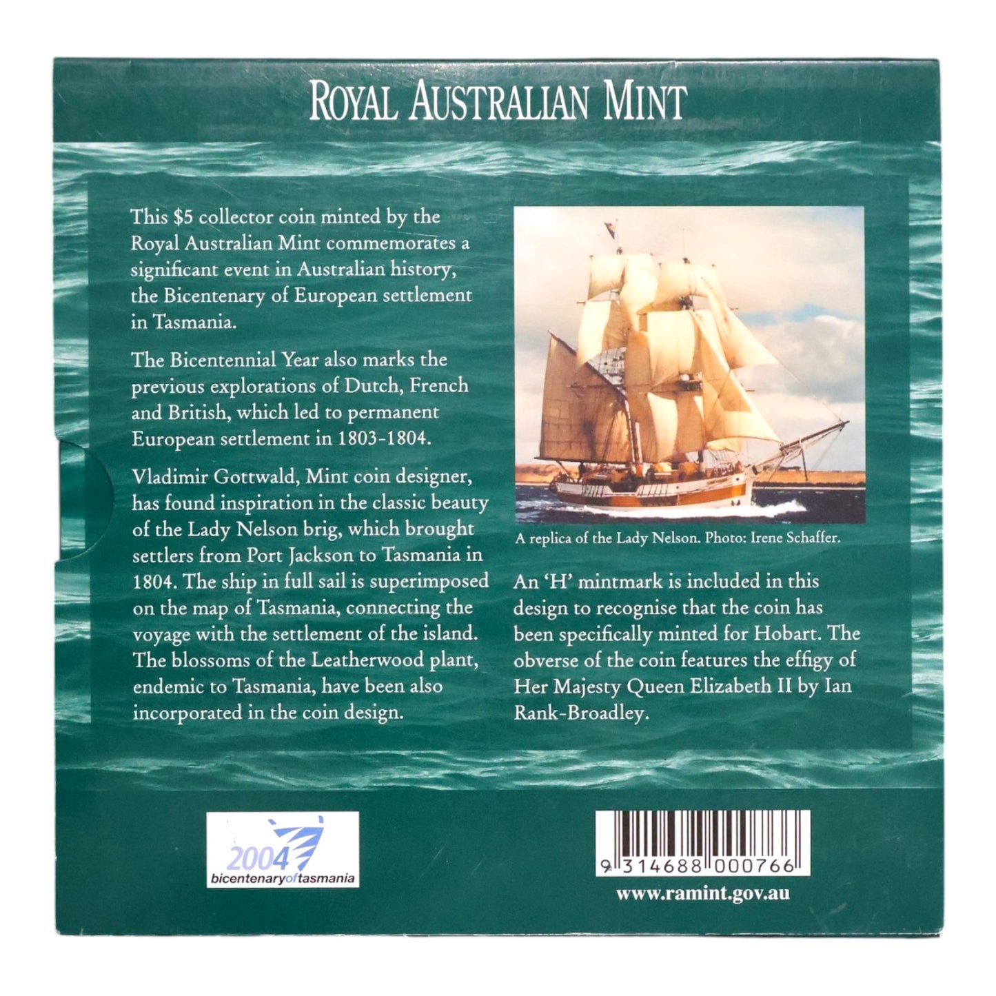 2004 $5 Coin - Bicentenary of Tasmania - 'H' Mintmark