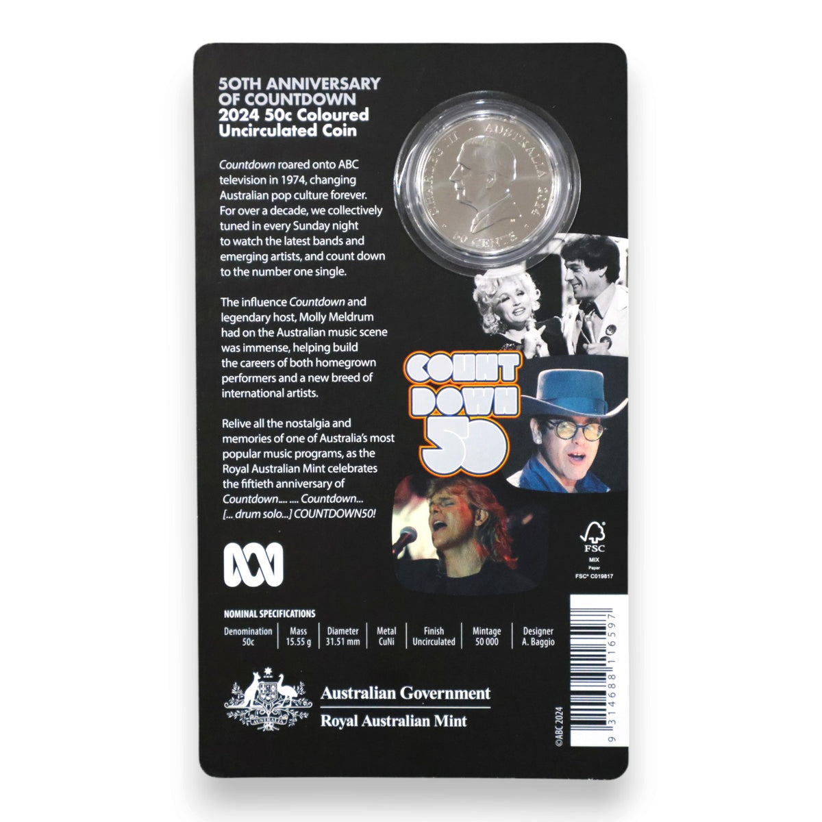 2024 50c Coloured Uncirculated Coin in Card - 50th Anniversary of Countdown