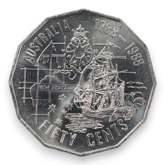 1988 50c "Australian Bicentenary / First Fleet Tall Ships" - Uncirculated (Ex-RAM Roll)