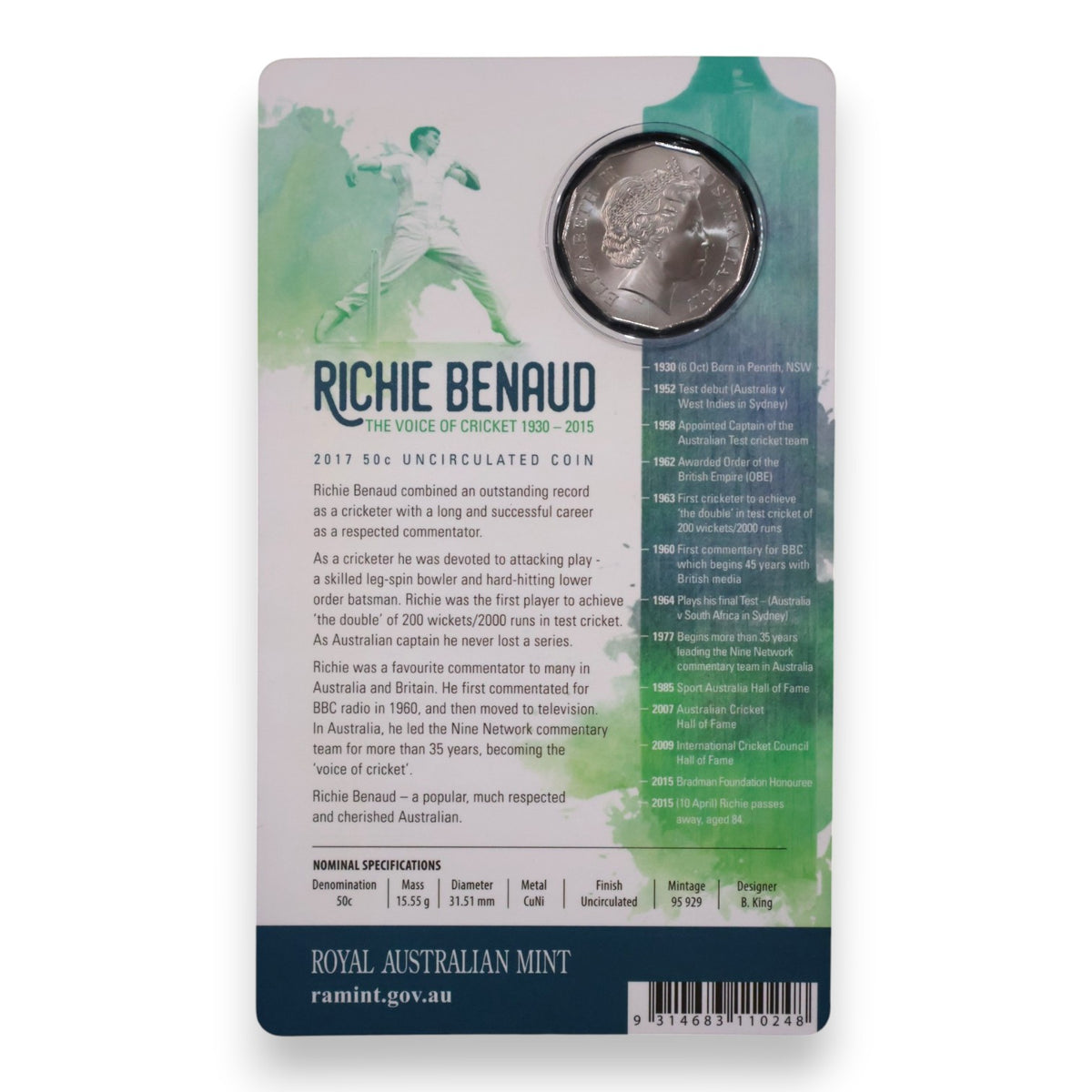 2017 50c Uncirculated Coin – Richie Benaud: The Voice of Cricket