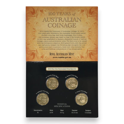 2010 $1 Uncirculated Four-Coin Set – Centenary of Australian Coinage (CBM&S Mintmark & Privy Mark Set)