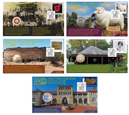 2024 Perth Stamp and Coin Show - Set of 5 Covers (8th - 10th March) with Matching Serial Numbers
