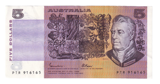 1985 Australian 5 Dollar Note - PTR 916165 - Johnston/Fraser - R209a - OCRB Serial - Very Fine