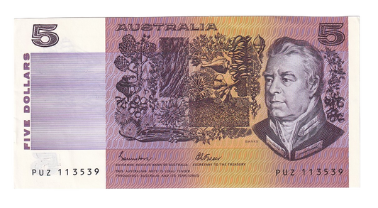 1985 Australian 5 Dollar Note - PUZ 113539 - Johnston/Fraser - R209b - Gothic Serial - Extremely Fine