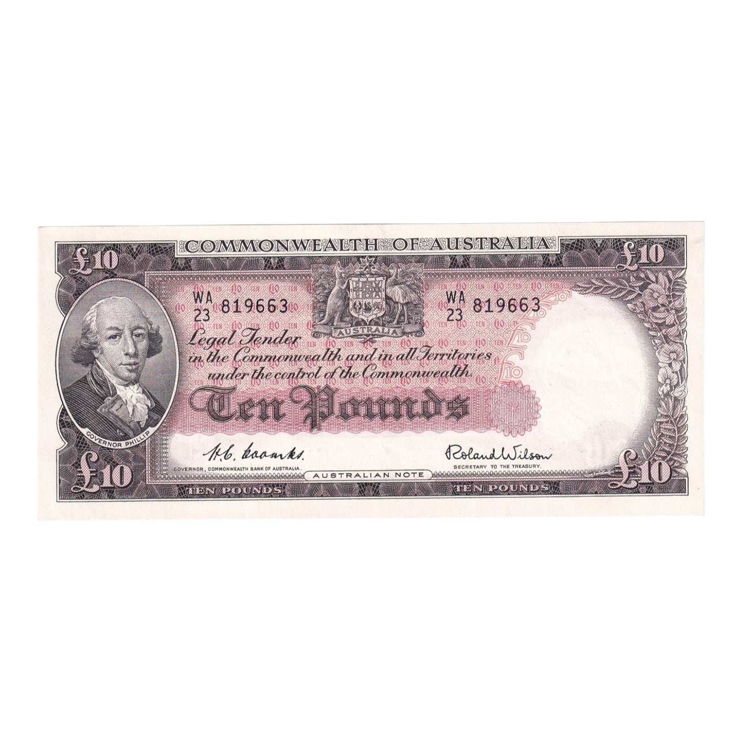 1954 Australian £10 Note - WA 23 819663 - R62 - Commonwealth Bank - About Uncirculated