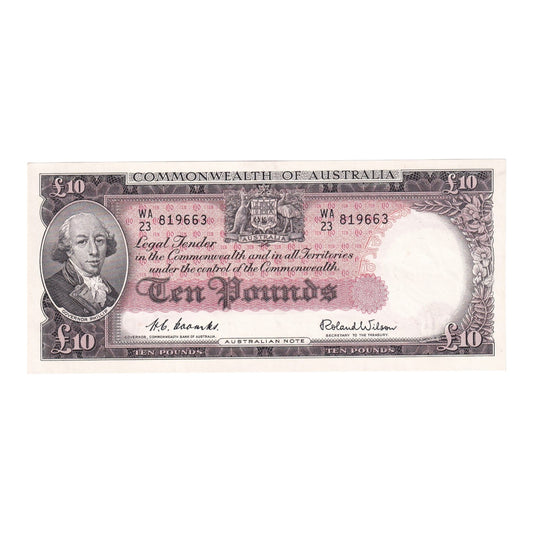 1954 Australian £10 Note - WA 23 819663 - R62 - Commonwealth Bank - About Uncirculated