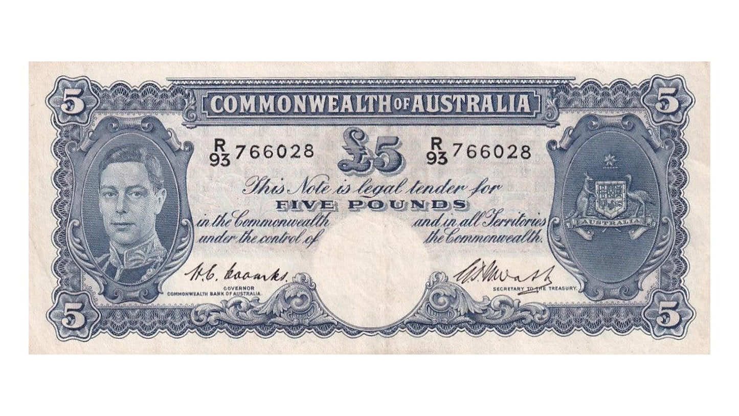 1949 Australian £5 Note - R93 766028 - HC COOMBS/GPN WATT - R47 - Mid-Range Prefix - Extremely Fine