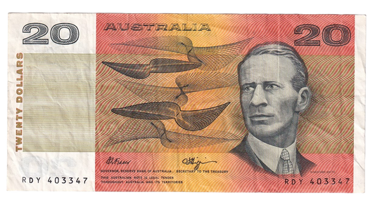 1989 Australian 20 Dollar Note - RDY 403347 - Fraser/Higgins- R412 - Fine