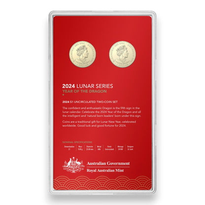 2024 $1 AlBr Uncirculated 2 Coin Set - Year of the Dragon