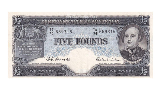 1954 Australian 5 Pound Note - TA34 669315 - HC COOMBS/ROLAND WILSON - Commonwealth Bank - R50 - Mid-Range Prefix - Extremely Fine