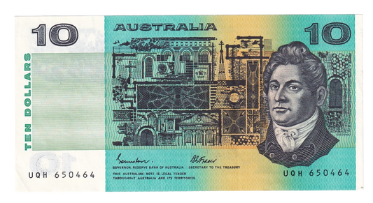 1985 Australian $10 Note - UQH 650464 - Johnston/Fraser - R309 - Extremely Fine
