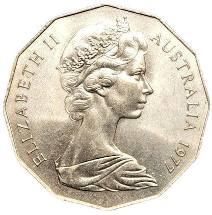 1977 Australian 50 Cent Coin - Silver Jubilee of Queen Elizabeth II - About Uncirculated