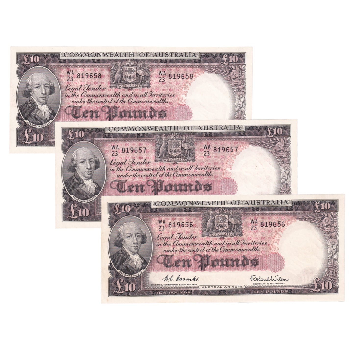 1954 Australian £10 Notes - R62- Sequential Trio - About Uncirculated