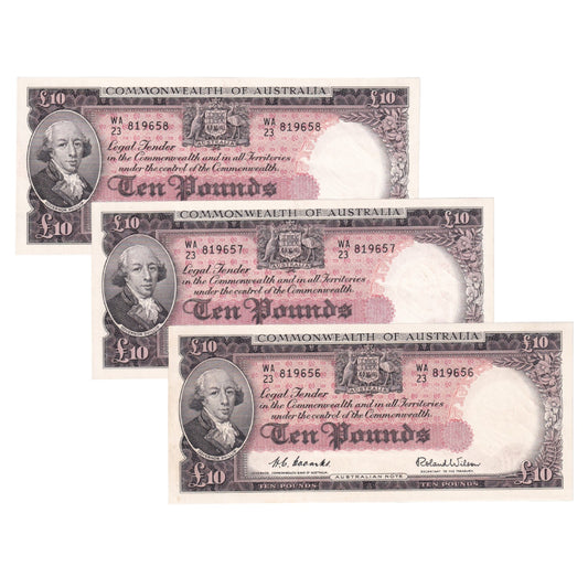 1954 Australian £10 Notes - R62- Sequential Trio - About Uncirculated