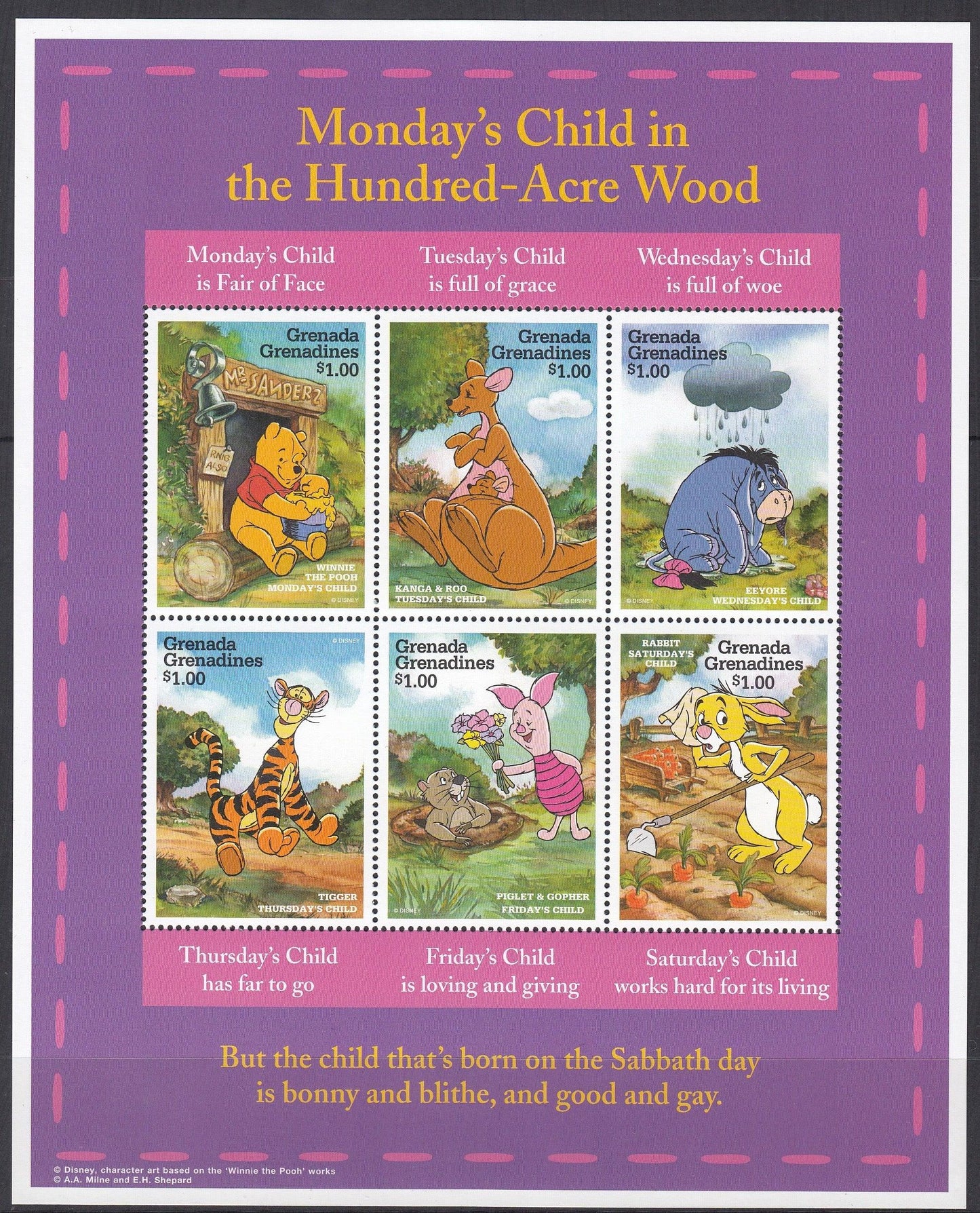 Grenada / Grenadines 1997 - $6 Monday's Child in the 100-Acre Wood Disney Miniature Sheet - Mint Unhinged - Loose Change Coins