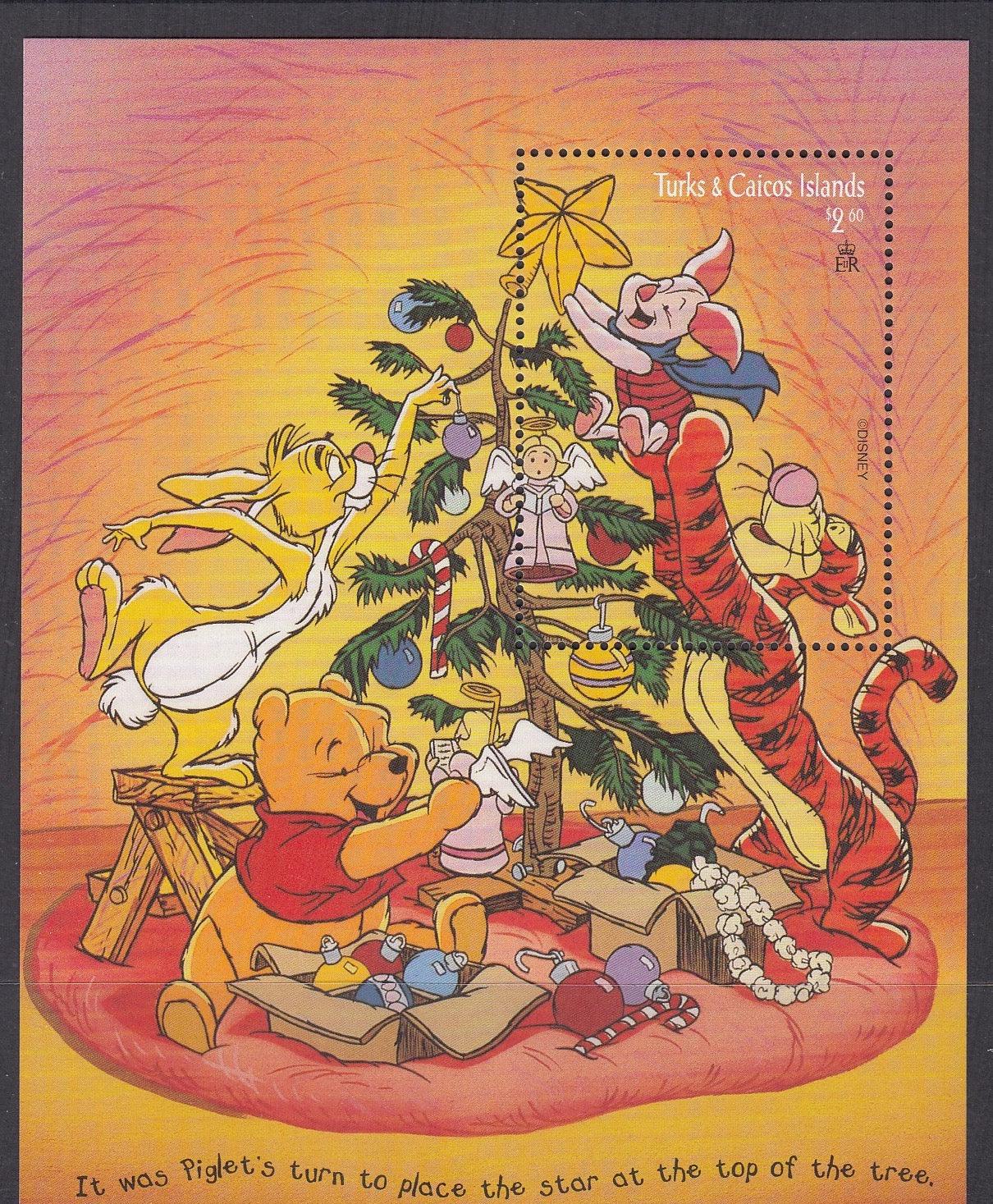 Turks & Caicos Islands 1996 - $2.60 Pooh & Piglet Place Star on Christmas Tree Disney Miniature Sheet - Mint Unhinged - Loose Change Coins