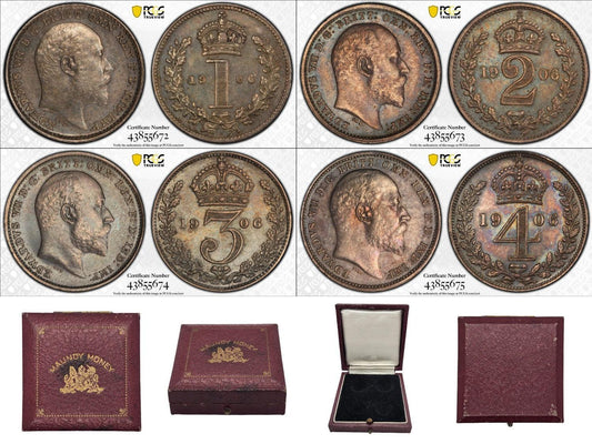 1906 UK - Maundy Money Silver Coin Set with Original Box - Graded by PCGS - Loose Change Coins