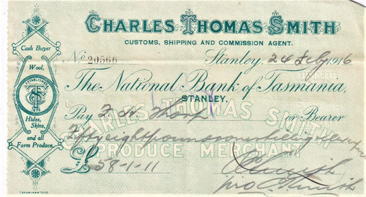 1916 Cheque - The National Bank of Tasmania for Charles Thomas Smith Customs, Shipping and Commission Agent - Loose Change Coins