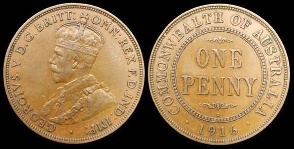 1916 (I) Australian Penny - Very Good - readily available in lower grades - Loose Change Coins