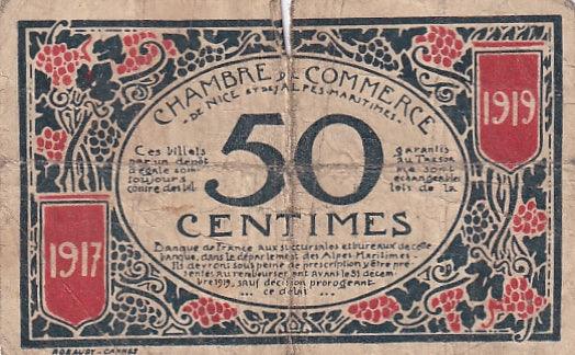 1917 France - 50 Centimes - Chamber of Commerce of Nice and the Alpes-Maritimes (Notgeld) Series 43 to 126 - Loose Change Coins