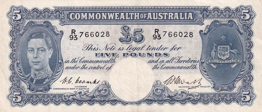 1949 Australian 5 Pound Note - R93 766028 - HC COOMBS/GPN WATT - R47 - Mid-Range Prefix - Extremely Fine - Loose Change Coins