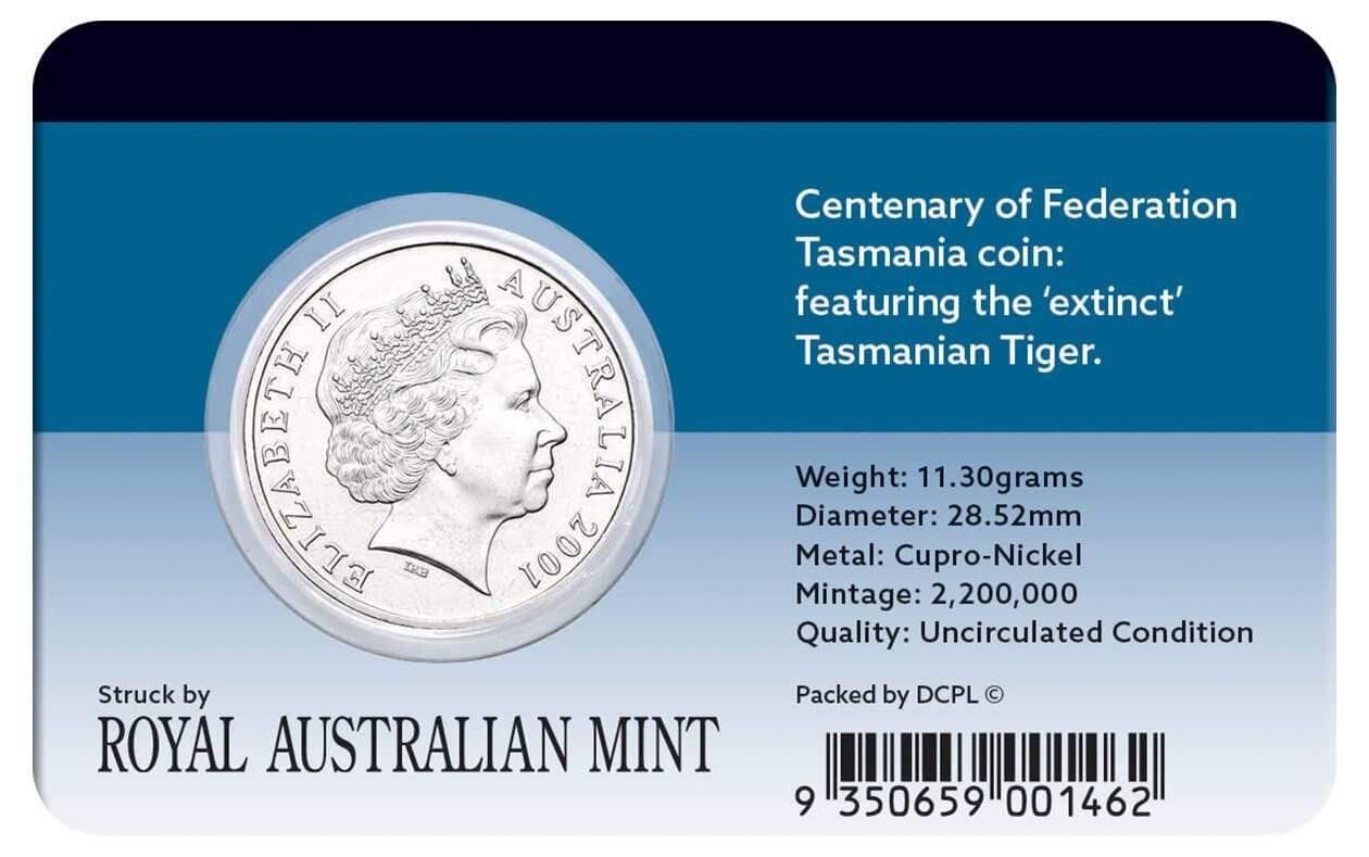 2001 Australian 20 Cent Coin - CENTENARY OF FEDERATION - TASMANIA Coin Pack - Loose Change Coins