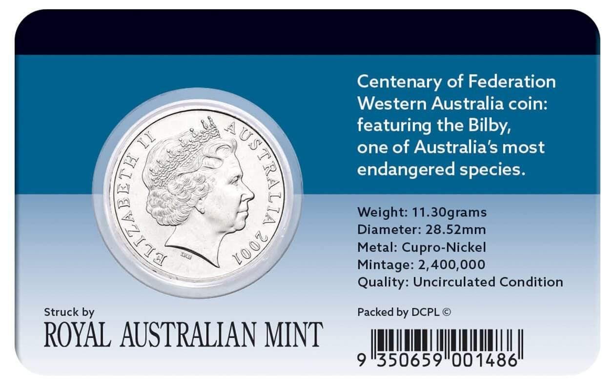 2001 Australian 20 Cent Coin - CENTENARY OF FEDERATION - WESTERN AUSTRALIA Coin Pack - Loose Change Coins