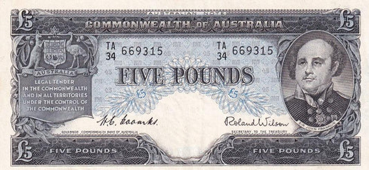 1954 Australian 5 Pound Note - TA34 669315 - HC COOMBS/ROLAND WILSON - Commonwealth Bank - R50 - Mid-Range Prefix - Extremely Fine - Loose Change Coins