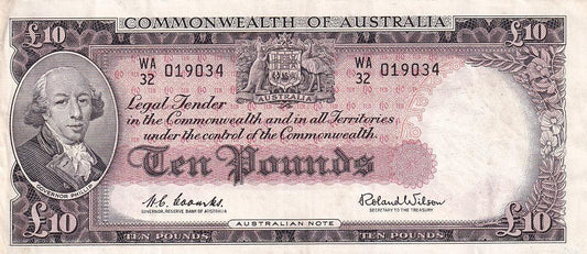 1960 Australian 10 Pound Note - WA32 019034 - COOMBS/WILSON - Reserve Bank - R63 - Mid-Range Prefix - Extremely Fine - Loose Change Coins