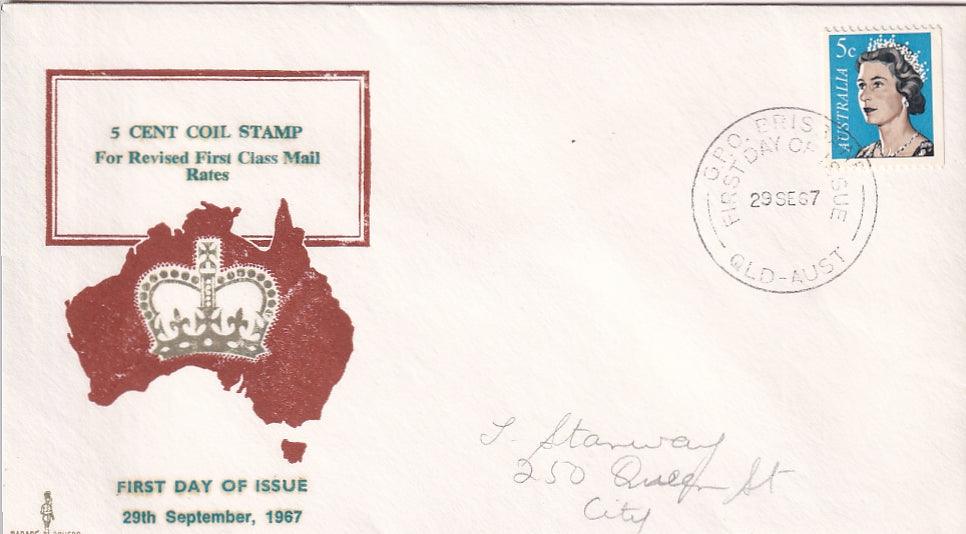 1967 Australian First Day Cover - 5c Coil Stamp for Revised First Class Mail Rates - Parade Covers - Loose Change Coins