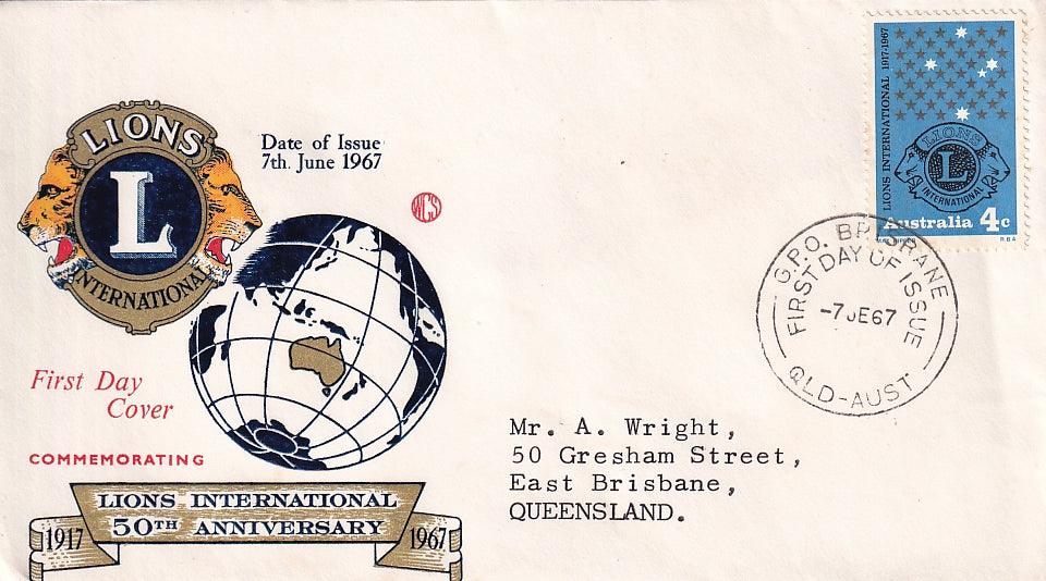 1967 Australian First Day Cover - LIONS 50th Anniversary - Loose Change Coins