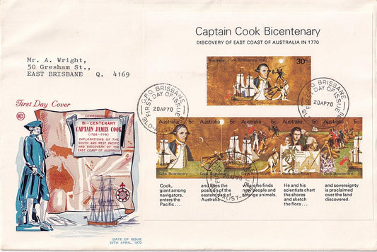 1970 Australian First Day Cover - Bicentenary Captain Cook's Discovery of the East Coast of Australia - Miniature Sheet FDC - Loose Change Coins