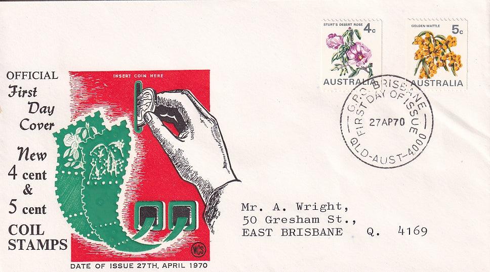 1970 Australian First Day Cover - Wildflowers - Coil Stamp Format (2) - Loose Change Coins