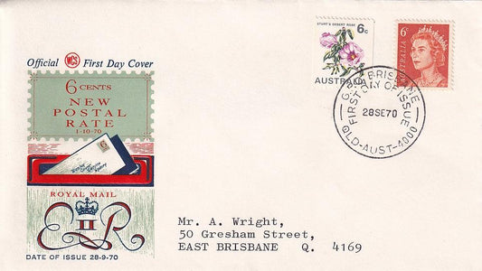 1970 Australian First Day Cover - Wildflowers - Increased Postal Rate - WCS - Desert Rose and QE II 6c Stamp - Loose Change Coins