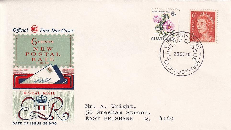 1970 Australian First Day Cover - Wildflowers - Increased Postal Rate - WCS - Desert Rose and QE II 6c Stamp - Loose Change Coins