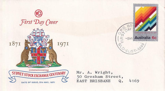 1971 Australian First Day Cover - Sydney Stock Exchange Centenary - WCS - Loose Change Coins