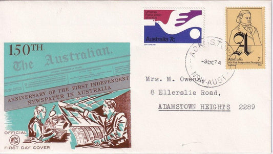 1974 Australian First Day Cover - 150th Anniversary of the First Independent Australian Newspaper - Cover #1 - Loose Change Coins