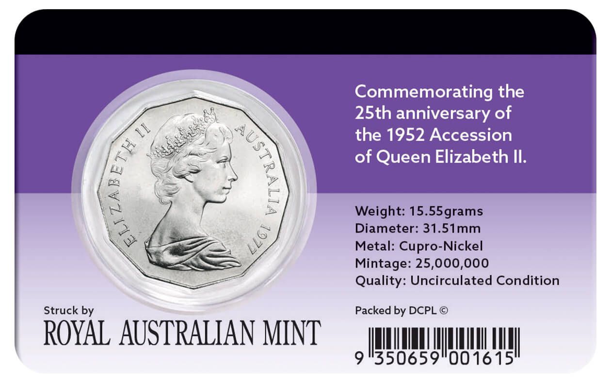 1977 Australian Fifty Cent Coin - Queen Elizabeth II Accession Silver Jubilee - UNCIRCULATED - Loose Change Coins