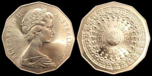 1977 Australian 50 Cent Coin - SILVER JUBILEE of QUEEN ELIZABETH II - Uncirculated - Loose Change Coins