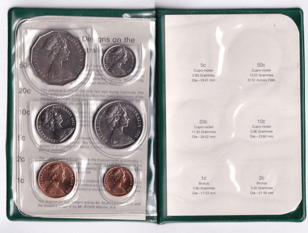 1982 Royal Australian Mint Uncirculated Set - XII Commonwealth Games - Green Wallet *PVC RESIDUE* - Loose Change Coins