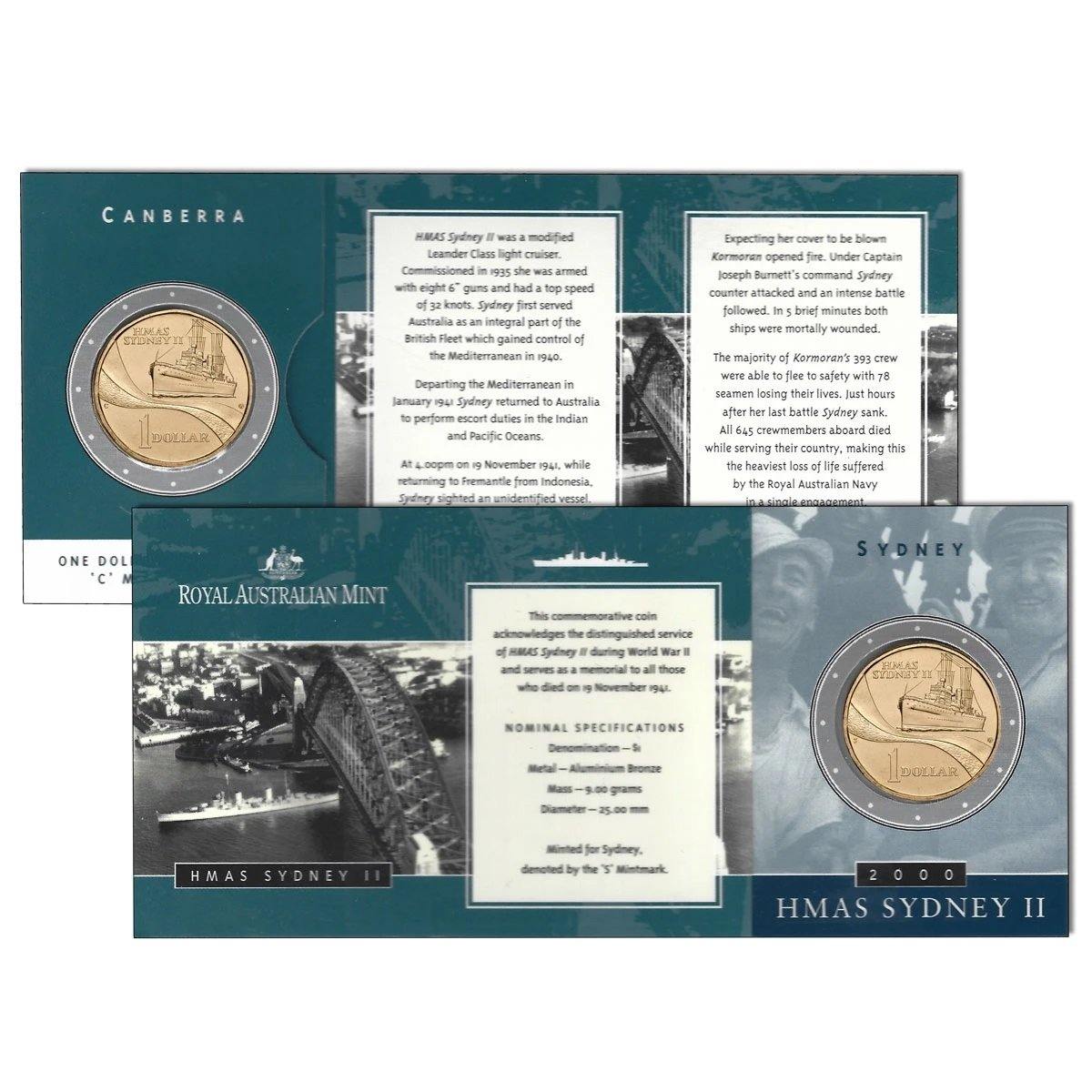 2000 Australian One Dollar Coin - HMAS Sydney II - NCLT - Multiple Mintmarks Available - Loose Change Coins