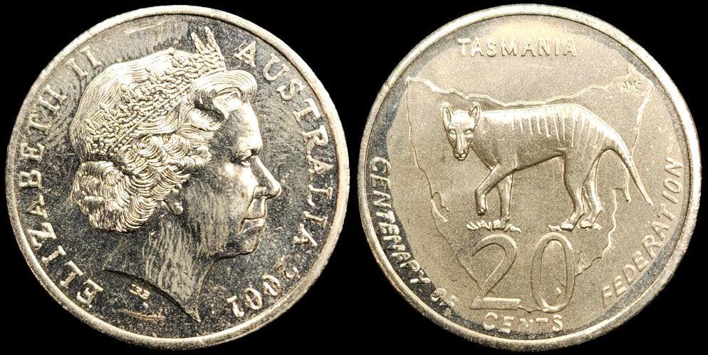 2001 Australian 20c Coin - Centenary of Federation - TASMANIA - Loose Change Coins