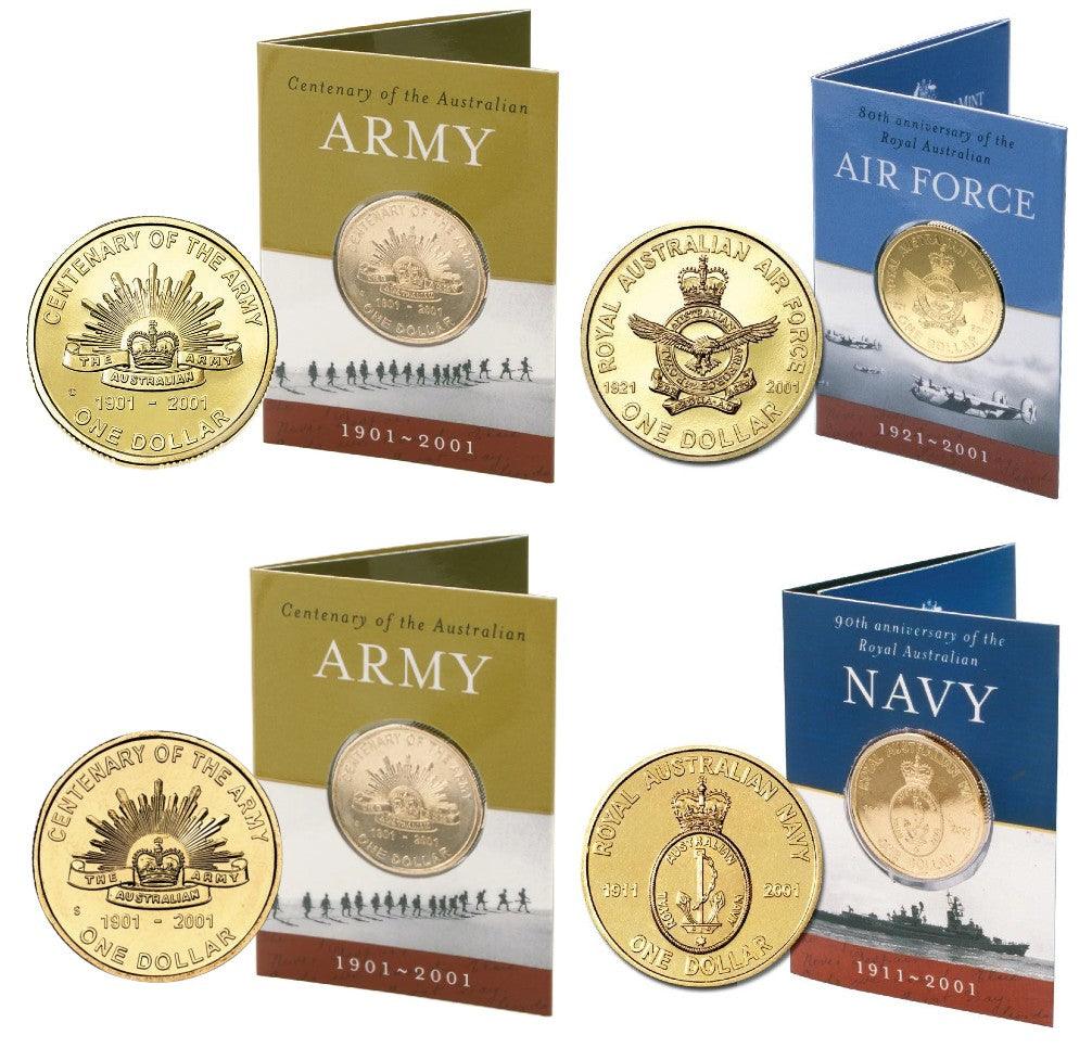 2001 Australian $1 Coin Set - Centenary of Army C & S Mintmark, 90th Anniversary of the Navy & 80th Anniversary of the Air Force - Loose Change Coins