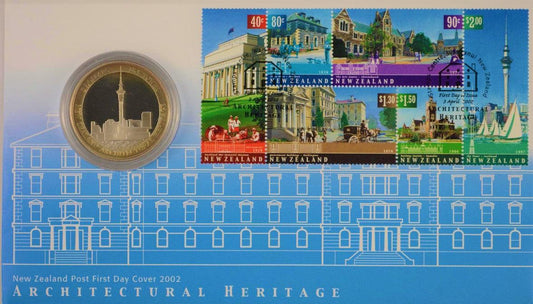 2002 New Zealand - Architectural Heritage "Sky Tower" Silver Proof Coin and Numismatic Cover - Loose Change Coins