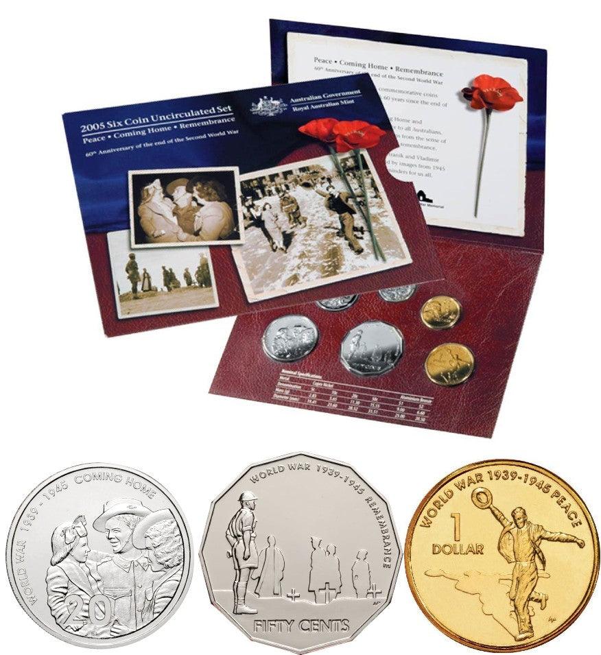 2005 Royal Australian Mint Uncirculated 6 Coin Set - Commemorating the 60th anniversary of the end of World War 2 - Loose Change Coins
