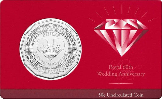 2007 Australian Fifty Cent Coin -  Royal Diamond Wedding Anniversary - Uncirculated with Card *No Capsule* - Loose Change Coins