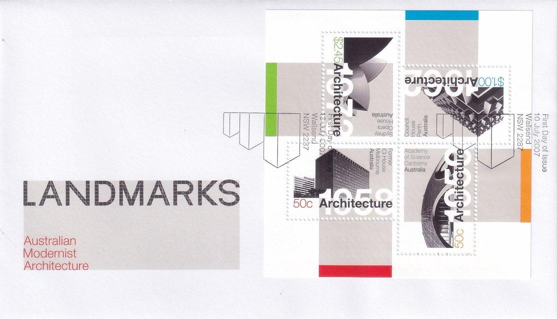 2007 Australian First Day Cover - Modern Architecture - Landmarks Miniature Sheet - Loose Change Coins