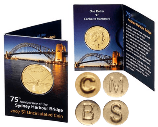 2007 Australian One Dollar Coin - Sydney Harbour Bridge 75th Anniversary - Complete Set of 4 Mintmarks/Counterstamps in Cards - Loose Change Coins