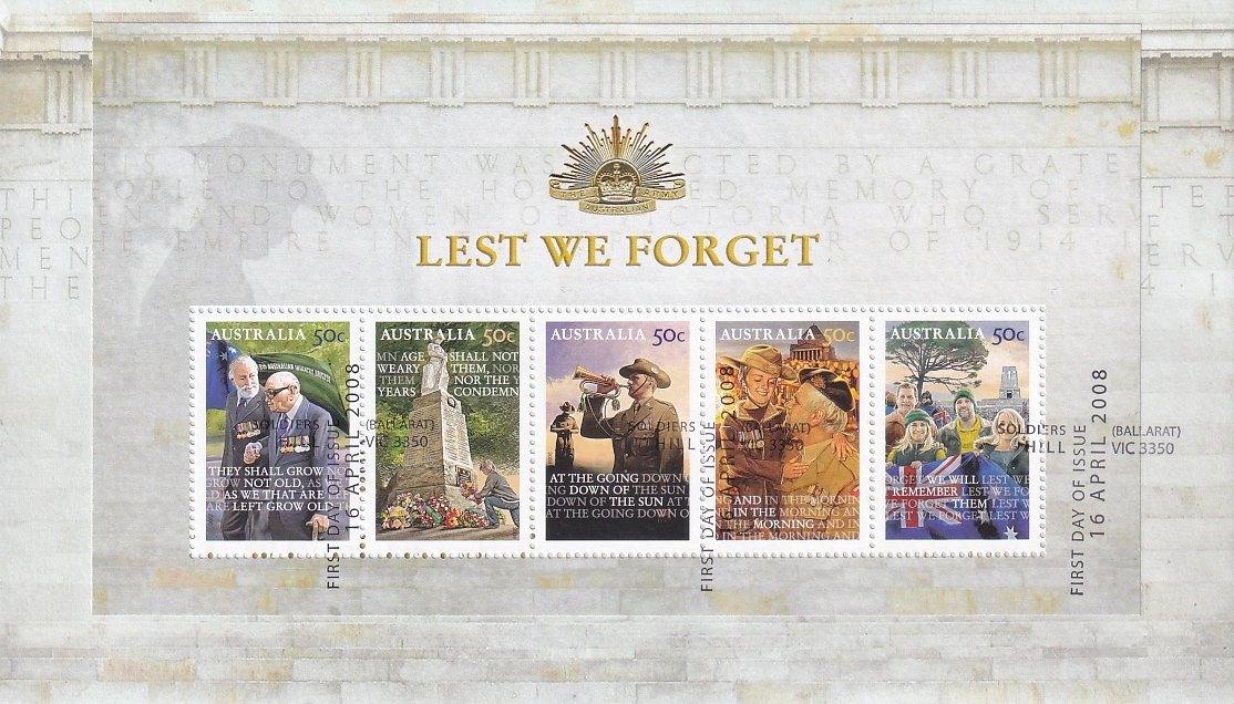 2008 Australian First Day Cover - Lest We Forget - ANZAC Day Miniature Sheet - Loose Change Coins