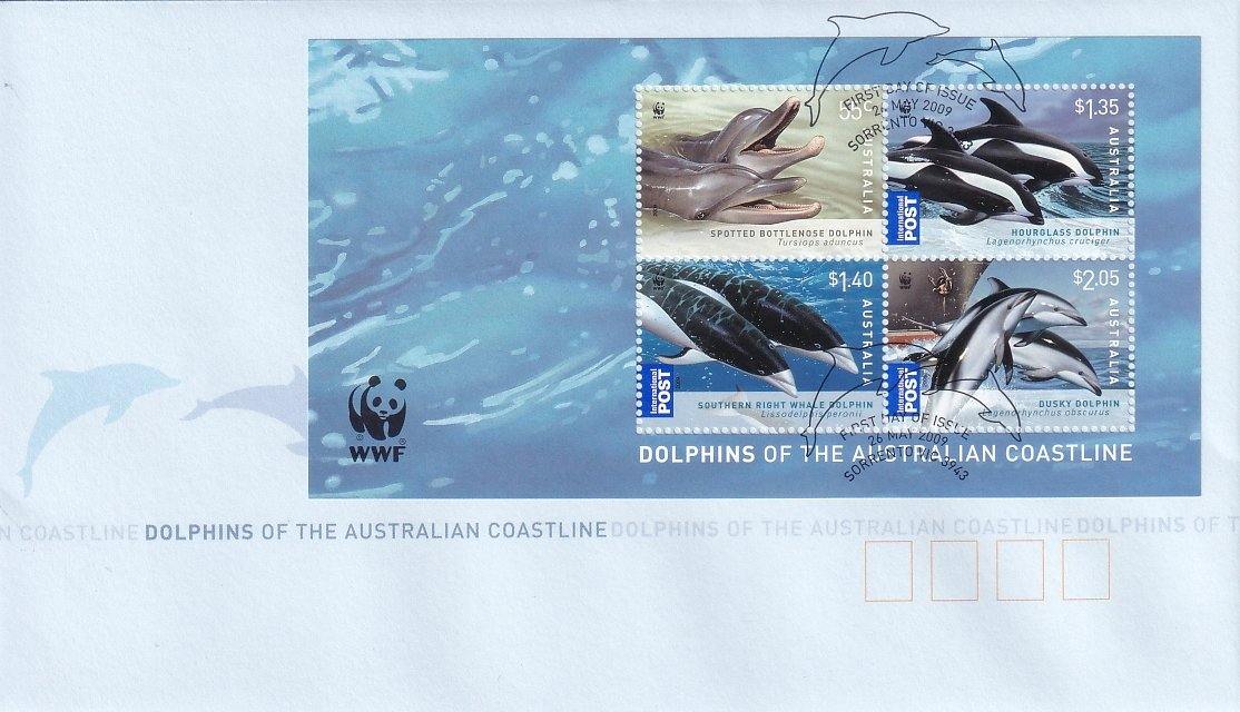 2009 Australian First Day Cover - Dolphins - World Wide Fund for Nature Miniature Sheet - Loose Change Coins